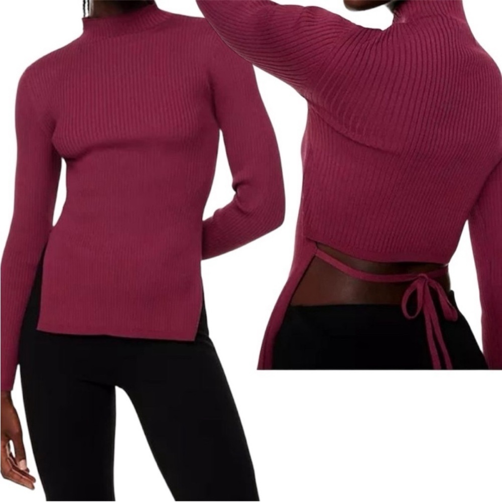 Aritzia Babaton Cut Out Knit Tie-Back Shirt Sx XS Burgundy Berrie Longsleeve Top